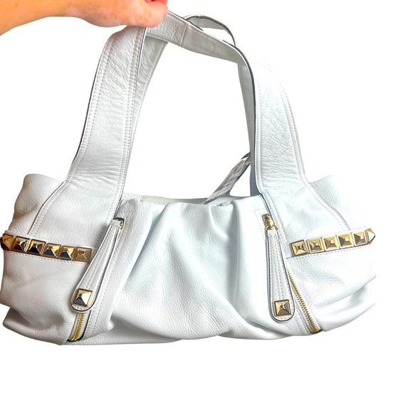 B. Makowsky NWT Sydney White Hot Leather Satchel Bag Purse Metallic Crisp Glam - Picture 1 of 16